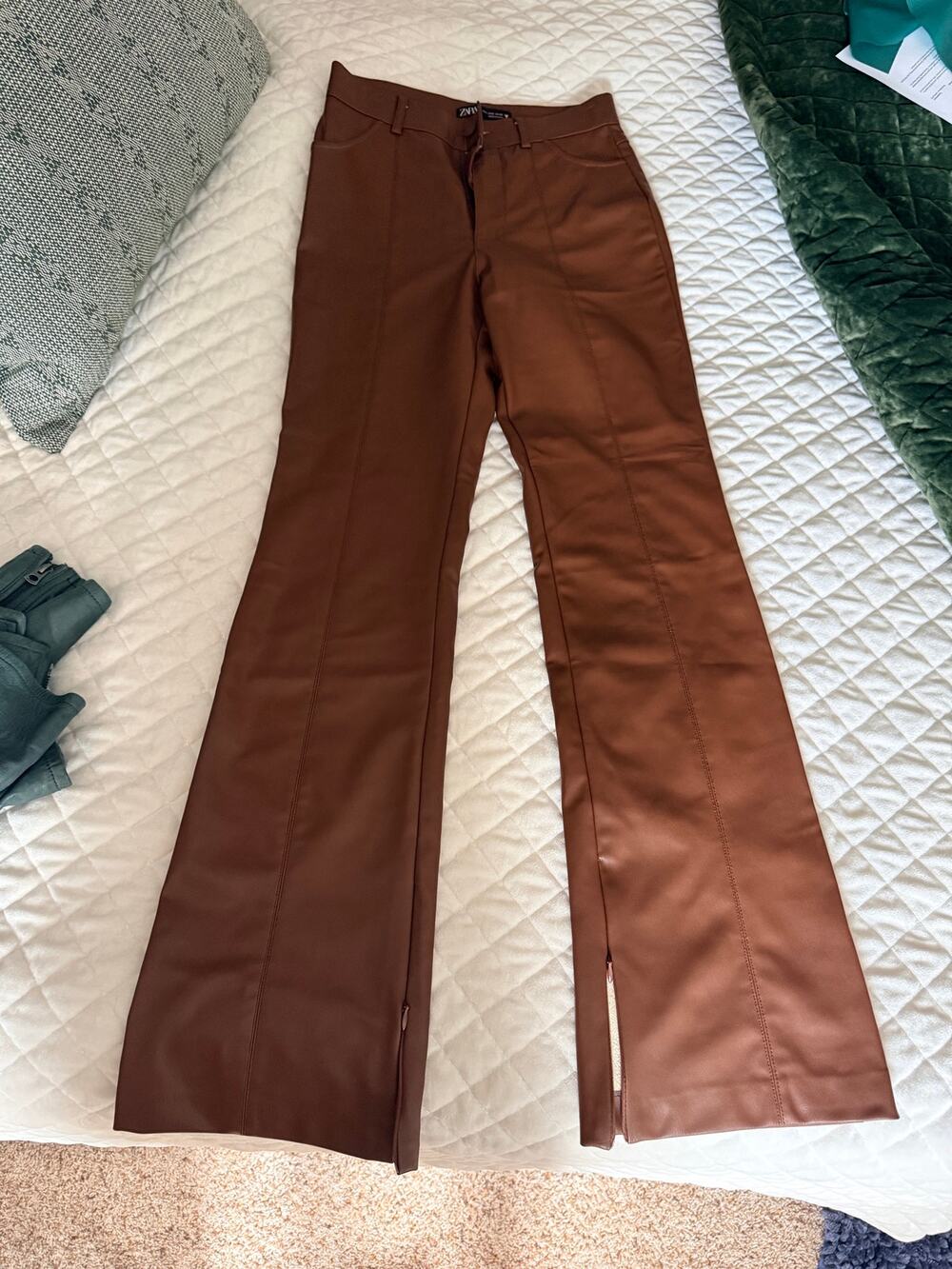 Zara Brown Faux Leather Flare Pants Size 6 Ankle Zip High Rise